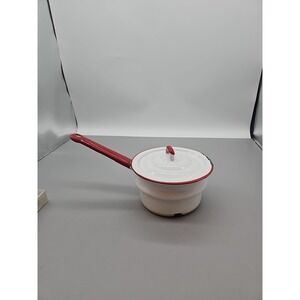 Collectible Vintage Enamelware Saucepan Pot White with Red Trim‎ Handle Lid